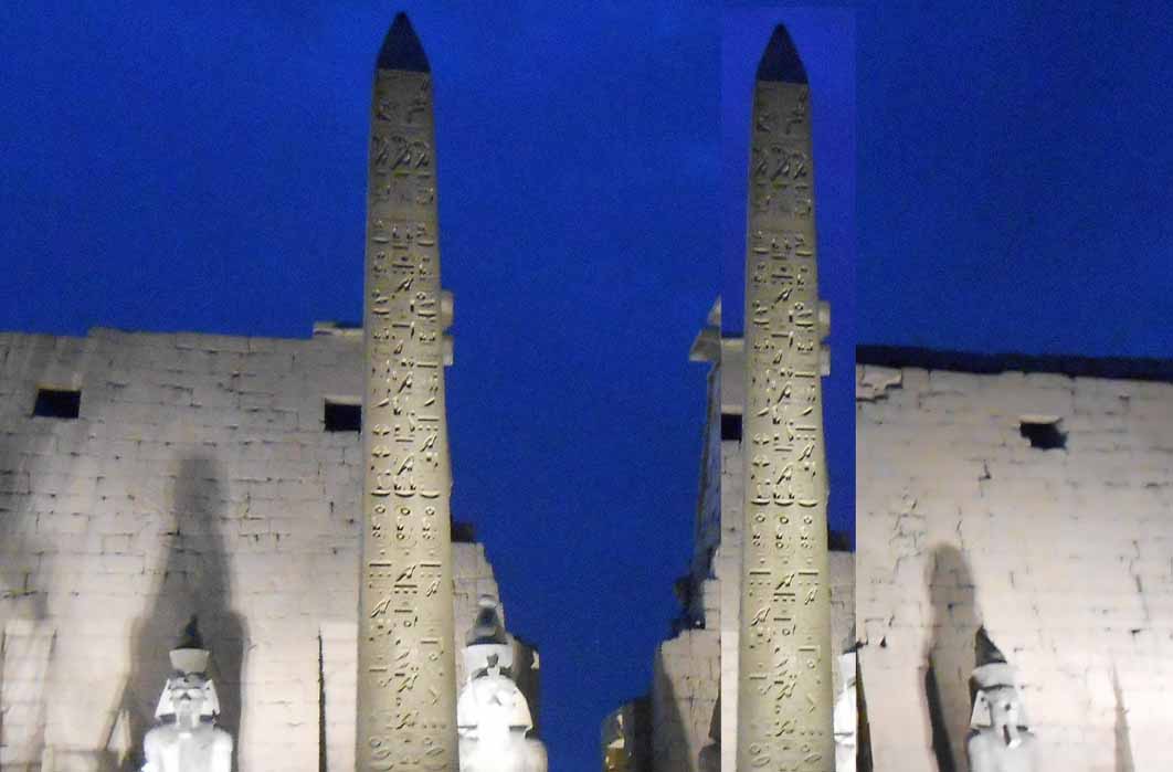 Photoshopped image of what twin obelisks at the entrance to the Luxor Temple would have looked like. (Image © Donald B Carroll)
