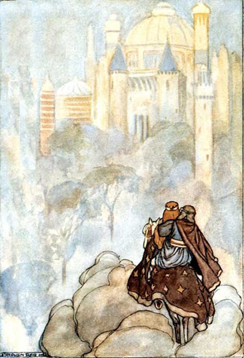 Oisín and Niamh travelling to Tír na nÓg, illustration by Stephen Reid in T. W. Rolleston's The High Deeds of Finn (1910) (Public Domain)