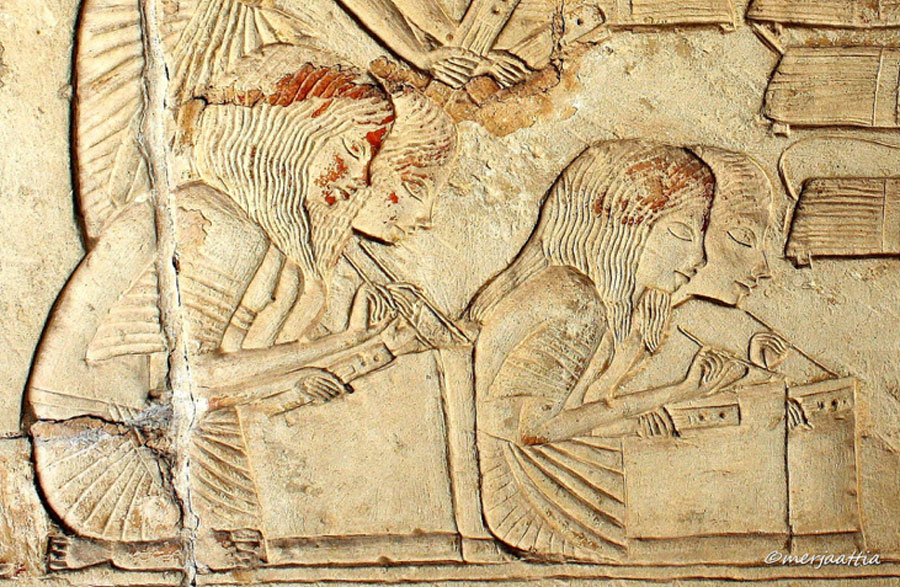 On the Southern Part of the East Wall of Horemheb’s Saqqaran tomb, military scribes, magnificently represented, scrupulously record the details of long files of prisoners escorted by Egyptian soldiers (not in pic). This depiction is often speculated to represent women scribes.