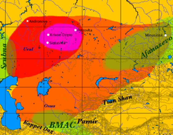 On this map; the formative Sintashta-Petrovka culture is shown in red; the maximum extent of the Andronovo culture is in orange; the location of the earliest spoke-wheeled chariot finds is indicated in magenta. Afanasevo culture and Srubna cultures overlap and are shown in olive green. (Dbachmann / CC BY-SA 3.0)