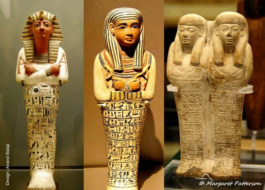 (From left) Painted shabti of Ramesses IV. 20th Dynasty; decorated shabti of the Lady of the House, Sati - reportedly from Saqqara. 18th Dynasty, reign of Amenhotep III; and, a double shabti of Huy and Ipuy, a father and son pair. 18th Dynasty. Louvre Museum, Brooklyn Museum and Museo Egizio, Turin, Italy. (Photos: Heidi Kontkanen and Margaret Patterson)