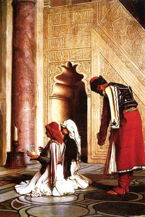 Painting portrays Greek Muslims at prayer in a mosque. Jean Léon Gérôme - 1865 