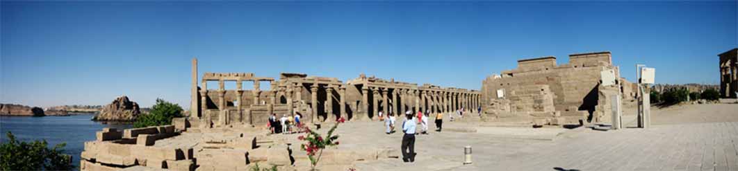 Panoramic view of the Philae Temple from south, at its current location on Agilkia Island (Public Domain)