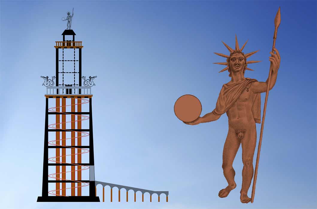 Compilation of the overall appearance of the statue based on Greek and Roman statuettes of the Sun-God and corresponding reconstruction of the 120m (393 ft) tall tower, designed by ©Andrew Michael Chugg