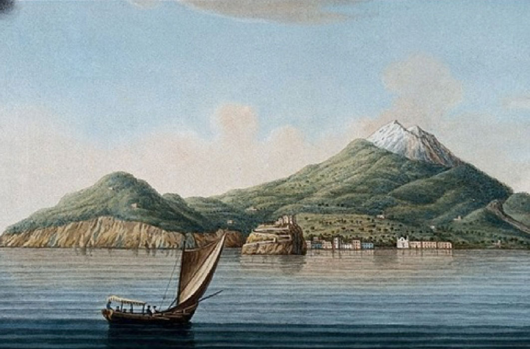 The island of Ischia seen from the sea, showing volcanic features. Colored etching by Pietro Fabris, (1776). (Wellcome Images/ Public Domain)
