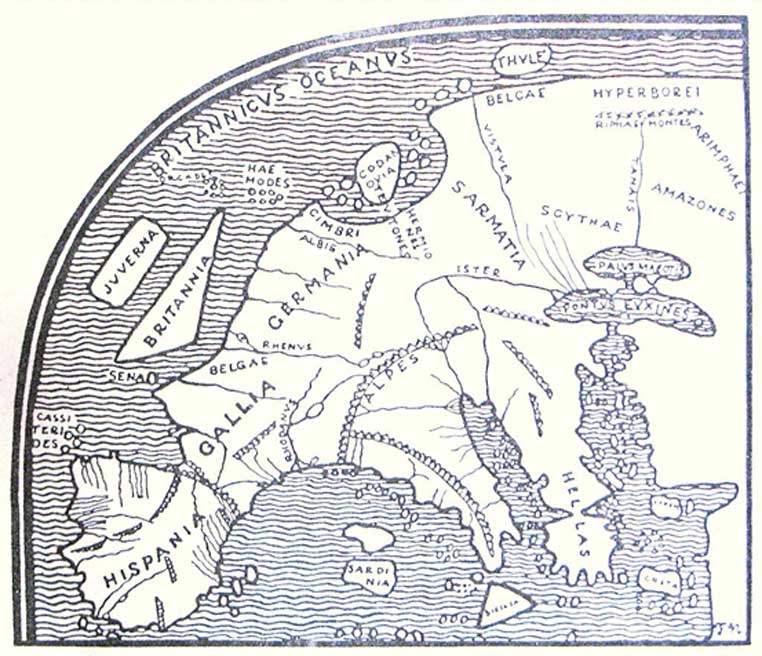 Pomponius Mela's map of Europe, printed by F. Nansen in 1911. The Britannic Sea can be seen in the upper left. (Public Domain)
