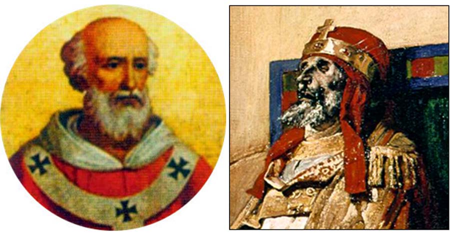 On the left, Pope Formoso, whose body was exhumed, tried and condemned (Public Domain). On the right, an impressive 'close-up' of Lauren’s painting of the Pope’s corpse during the macabre trial.(Public Domain)