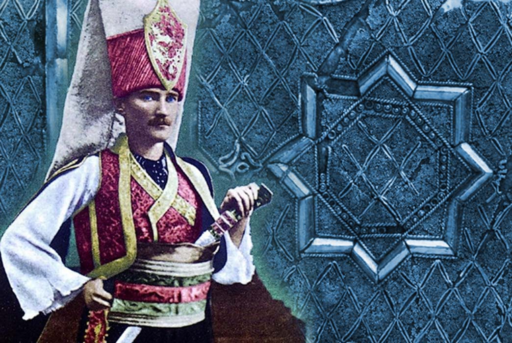 Mustafa Kemal Atatürk wearing the traditional Janissary uniform (Public Domain), and ornament from a Janissary's Cap, 17th century Turkey 