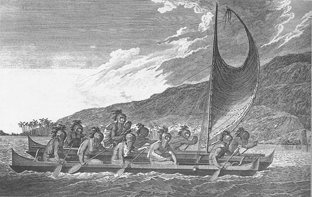 Priests traveling across Kealakekua bay in the book Hawai`i Looking Back: An illustrated History of the Islands. Artist John Webber aboard Cook’s ship (Pubic Domain)
