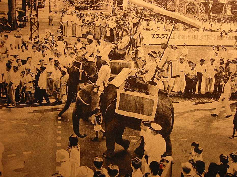 1957 Procession of Elephants in the Hai Ba Trung Parade in Saigon (Public Domain)