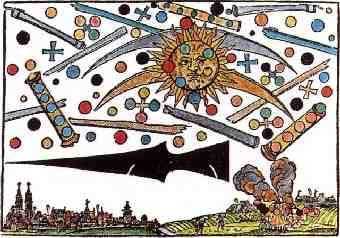 Prodigious event over Nuremberg, Germany on April 14, 1561. Hans Glaser woodcut (1566).  While this is most often presented as a historical UFO sighting, scientists maintain these types of images are representations of Aurora borealis or Sun dogs (Parhelion). (Public Domain).