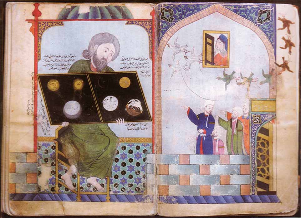 Ibn Umail describes a statue of a sage holding the tablet of ancient alchemical knowledge. Illustration from a transcript of Muhammed ibn Umail al-Tamimi's book Al-mâ' al-waraqî (The Silvery Water), Islamic miniature probably from Baghdad (Public Domain)
