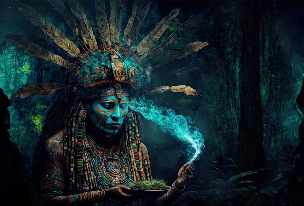 Fantasy shaman leading a holy ayahuasca ceremony (Caphira Lescante/Adobe Stock)