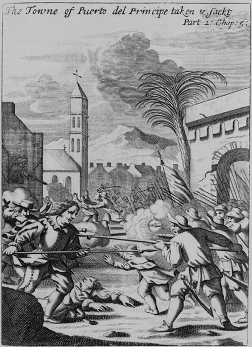 Puerto del Príncipe (now Camagüey) being sacked in 1668 by Henry Morgan, 1939. The Project Gutenberg EBook of On the Spanish Main, by John Masefield.  (Public Domain)