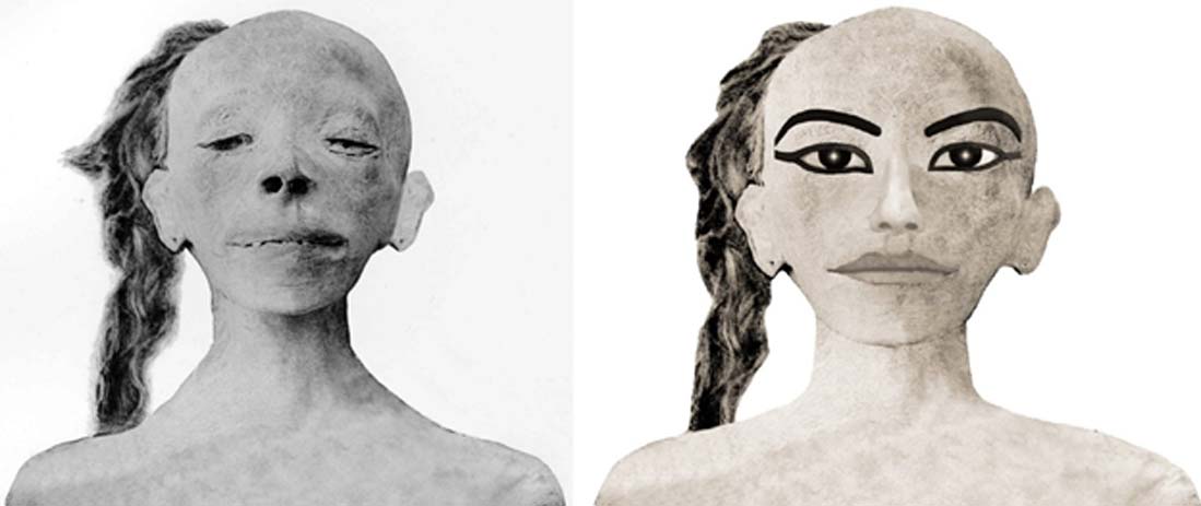 Reconstruction of a photo of the mummy of the mysterious boy, sans the deep gash on his neck and jaw. (Right) Artist’s impression of how the child may have appeared whilst alive. This has led to comparisons with Tutankhamun’s Khonsu statue. (Photos and art: G. Elliot Smith - Wikimedia Commons; and Tutankhaten-pasheri)