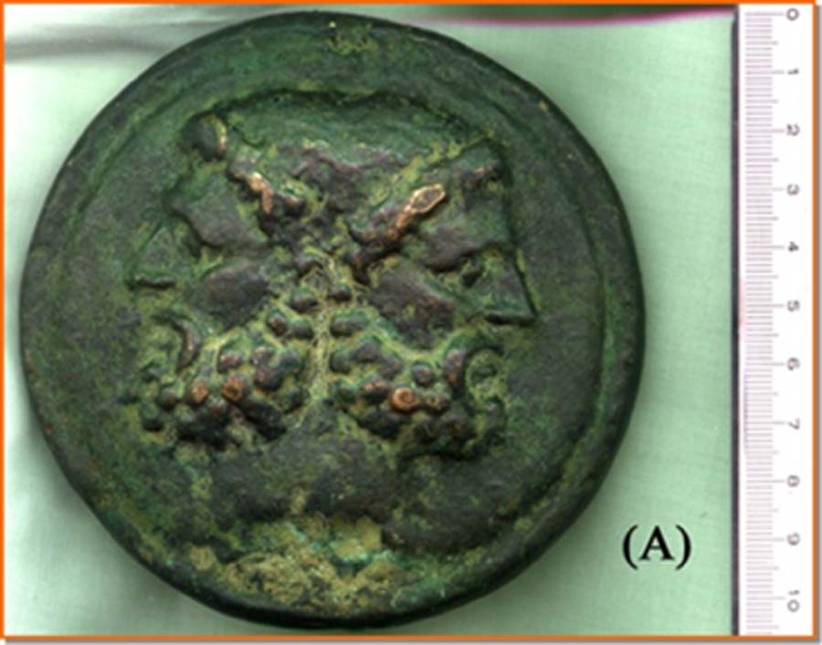 “Recto” of the coin of the private collector to natural size. It appears to be identical to that of the museum. Except for a very small detail illustrated in the text. (Image: Courtesy Dr Roberto Volterri)
