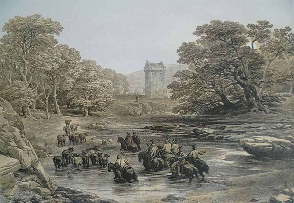 Reivers at Gilnockie Tower in Dumfries and Galloway, Scotland, from a 19th-century print (Public Domain)