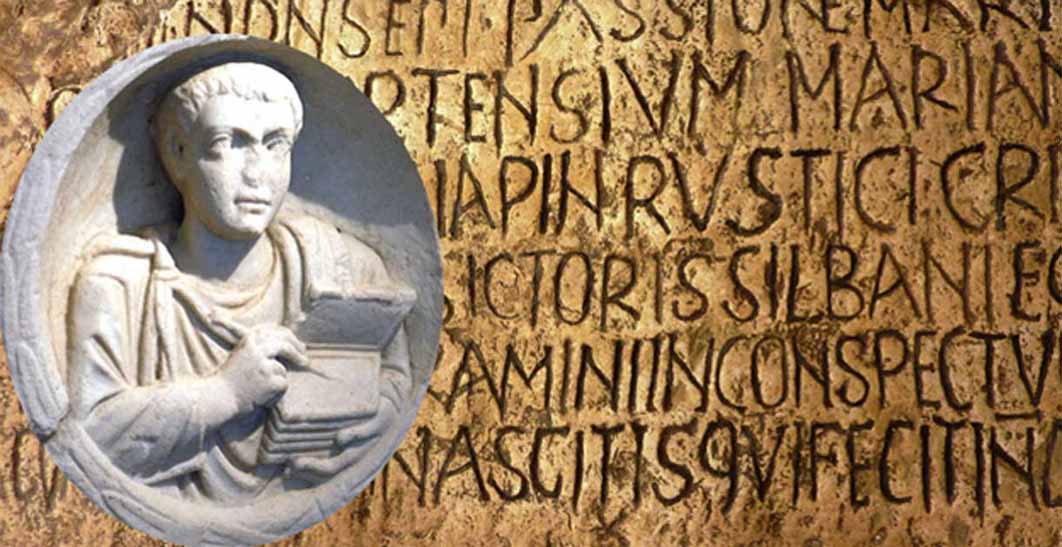 Relief from a scribe's tomb found in Flavia Solva. (Public Domain) Background: Latin stone inscription. (Public Domain)