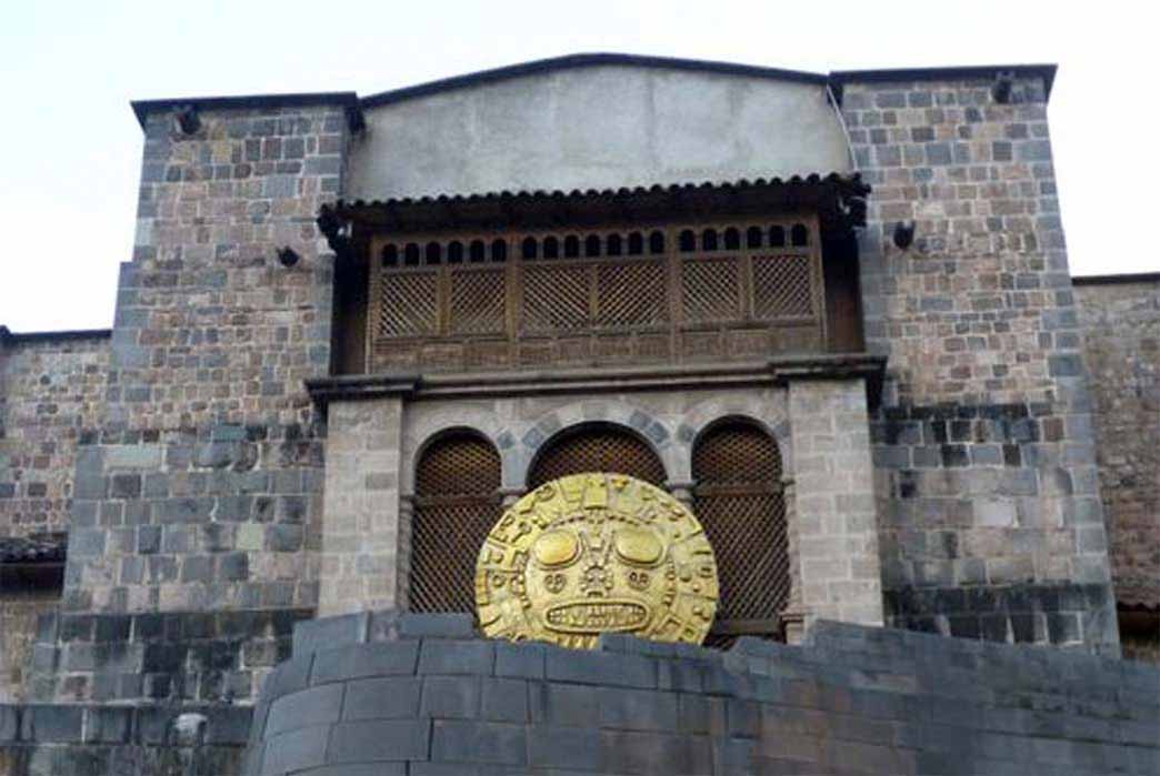Replica of the Golden Sun Disk on display outside the Coricancha Temple, used in modern day festivals in Cuzco. (Image: Ashley Cowie)