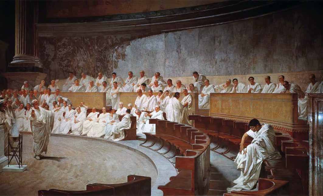 Representation of a sitting of the Roman senate: Cicero attacks Catiline by Cesare Maccari from a 19th-century fresco in Palazzo Madama, Rome, house of the Italian Senate (Public Domain)