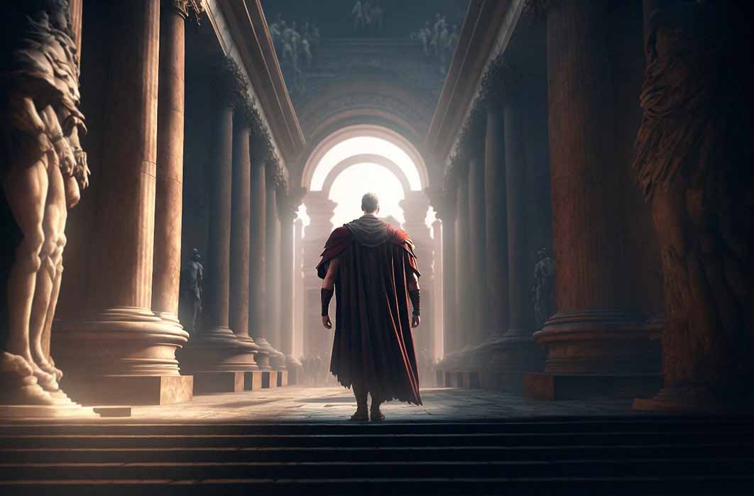 Roma emperor walking along a colonnade (Giordano Aita/ Adobe Stock)