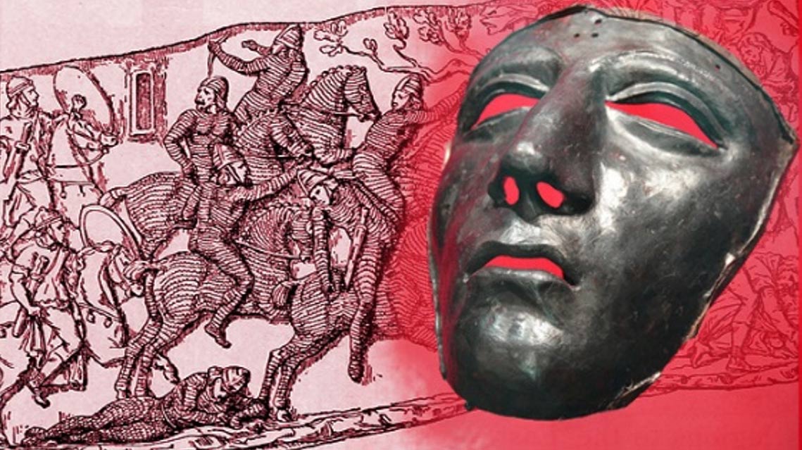 Deriv; face mask for Roman cavalry helmet, first century AD and battle scene featuring Parthian horsemen in armor, and Roman riders. 