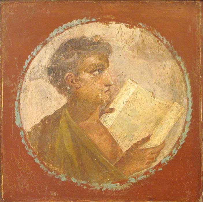 Roman portraiture fresco of a young man with a papyrus scroll, from Herculaneum, 1st century AD