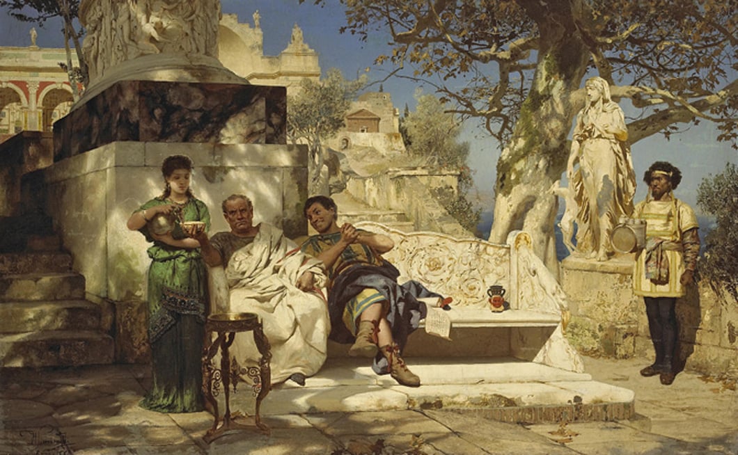 Roman senator and a guest at leisure with slaves attending. Painting by Henryk Siemiradzki (1881) (Public Domain)