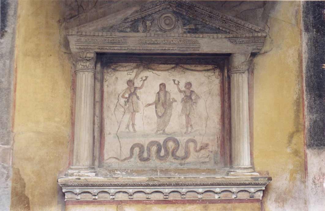 Roman Lararium, or household shrine to the Lares, from the House of the Vettii in Pompeii. Brownies bear many similarities to the Roman Lares (CC BY-SA 2.5)
