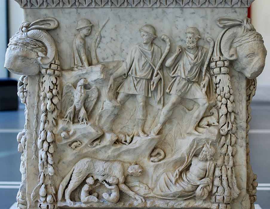 Romulus and Remus argued over the site of the foundation of Rome and brought in augurs. A vulture from the contest of augury and Palatine hill are to the left. (From Ostia, now at the Palazzo Massimo alle Terme) (Public Domain)