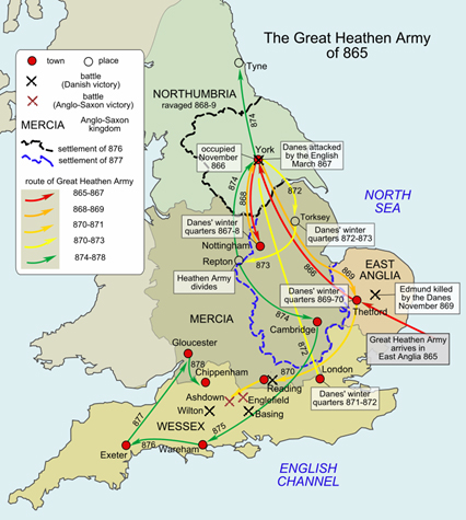 Routes by the Great Heathen Army from 865 to 878 