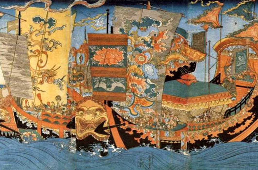 A 19th century ukiyo-e by Kuniyoshi depicting the ships of the great sea expedition sent around 219 BC by the first Chinese Emperor, Qin Shi Huang, to find the legendary home of the immortals, the Mount Penglai, and retrieve the elixir of immortality. (Public Domain)