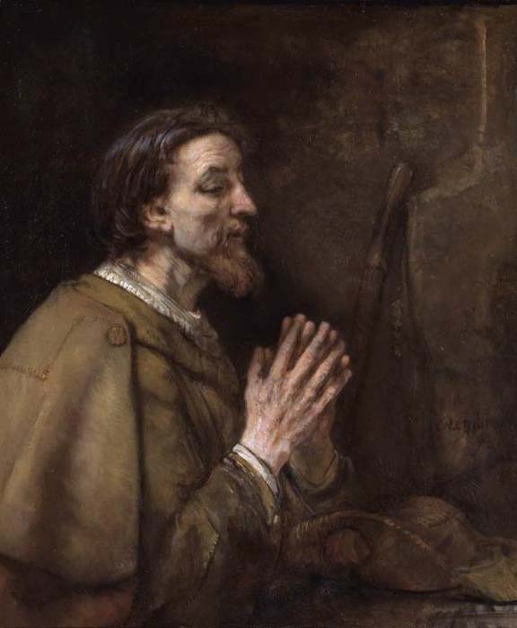Saint James the Elder by Rembrandt He is depicted clothed as a pilgrim; note the scallop shell on his shoulder and his staff and pilgrim's hat beside him.