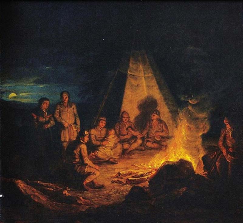Sámi by the fire by Aleksander Lauréus (1818) Finnish National Gallery. (Public Domain)