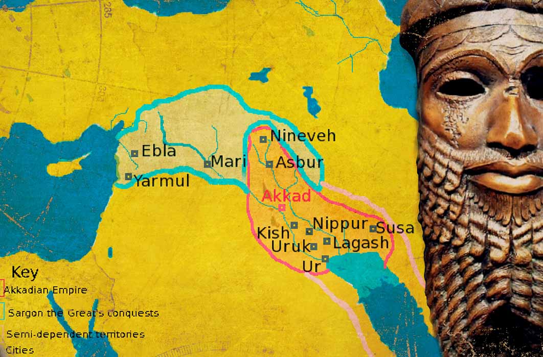 Map of Sargon the Great’s Akkadian empire and his mask (Deriv) 