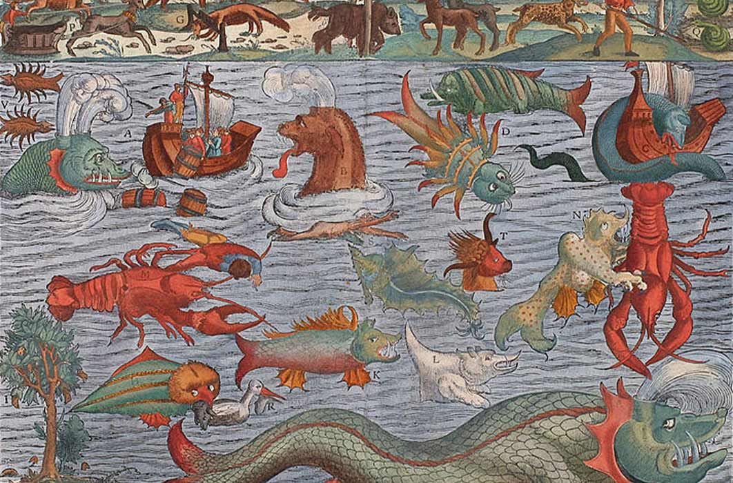 Plate ca. 1544 depicting various sea monsters; compiled from the Carta marina. (Public Domain)