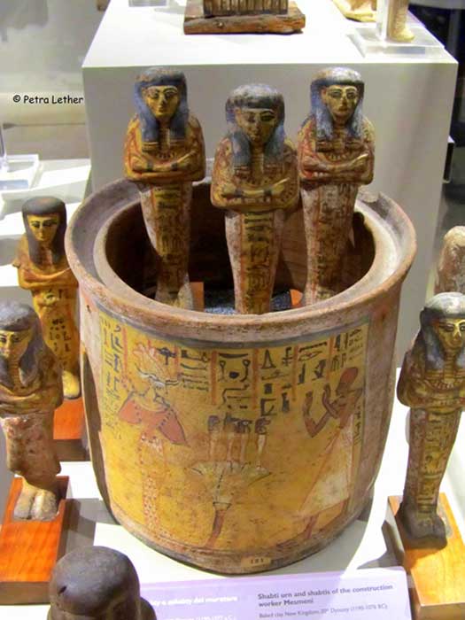 Shabtis come in many shapes, sizes and colors, as do their containers. This interesting shabti urn made of baked clay and its figurines are inscribed for the construction worker, Mesmeni. 20th Dynasty. Museo Egizio, Turin, Italy. (Image: Petra Lether)