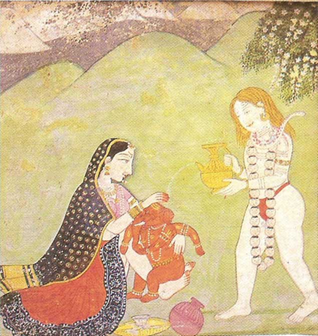 Shiva and Parvati giving a bath to Ganesha. Kangra miniature, 18th century 