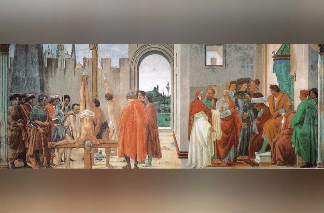 Dispute of Saint Peter with Simon Mago in front of the emperor, from the frescoes in the Brancacci chapel by Filippino Lippi (1481-1482) (Public Domain)