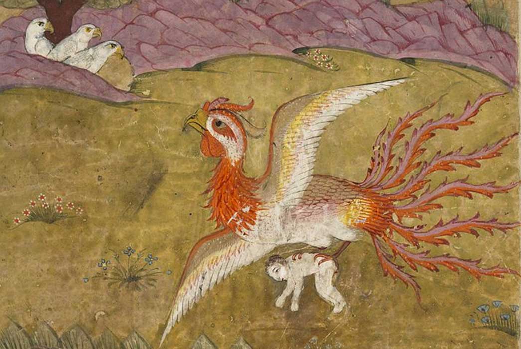 Image from the Shahnameh of the Simurgh (benevolent Persian mythological creature) carrying Zal (held in her claws) to her nest.