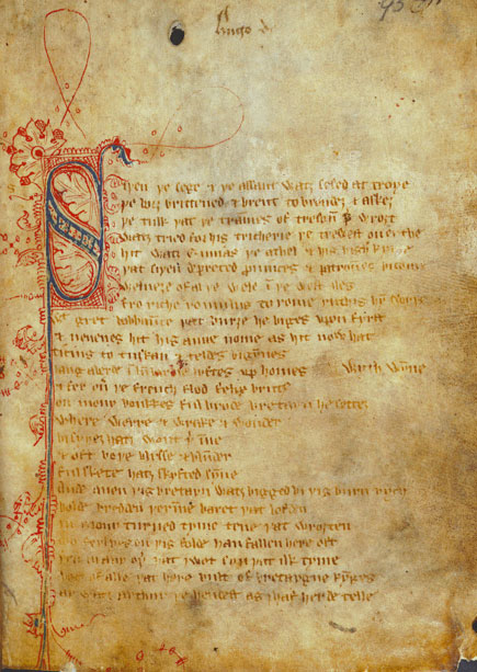 "Sir Gawain and the Green Knight", from the Cotton Nero A.x manuscript (Public Domain)