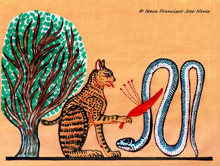 Snakes were a danger not just in this world, but on the way to the next one too. This illustration depicts the ‘great cat’ of Re ‘who dwells in Heliopolis’ killing the serpent deity Apophis (Apep) shown coiled beside the sacred sycamore or persea tree, which was a symbol of the sun. The scene reflects Chapter 17 of the Book of the Dead. This artwork is inspired by the representation in the Deir-Medina tomb of the craftsman Sennedjem TT1.