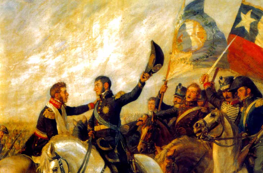 O'Higgins meets Jose San Martin at the Battle of Maipu 1818, by Pedro Subercaseaux (Public Domain)