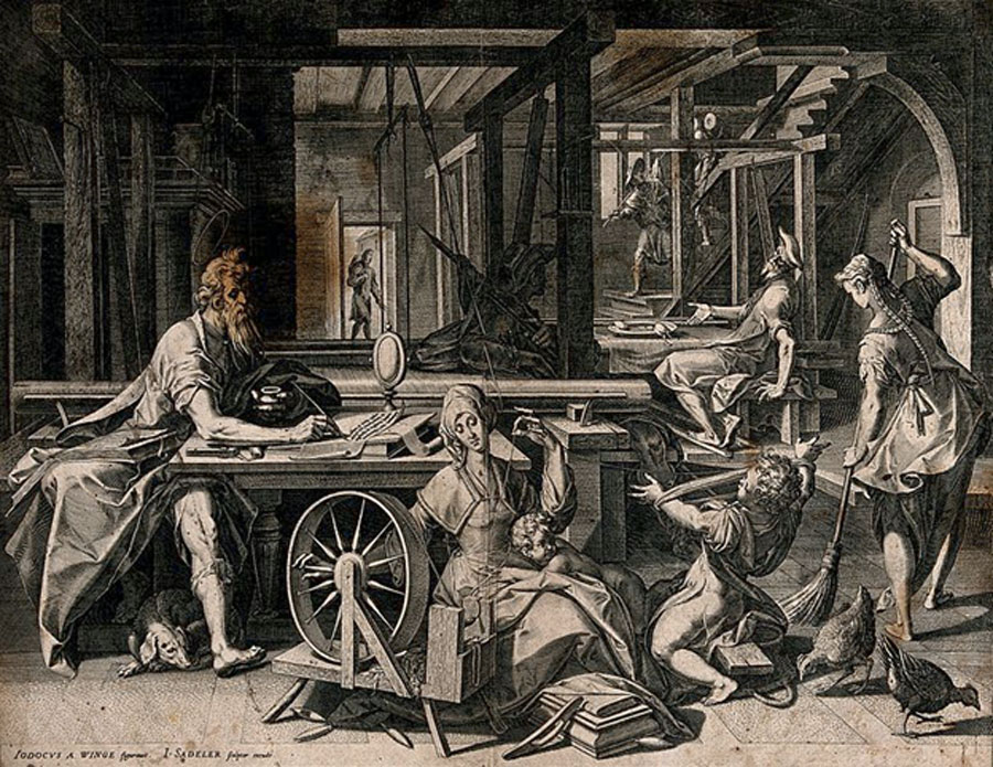 St. Paul is staying in the house of Aquila and his wife Priscilla, the family are making tents and St. Paul is writing. Engraving by J. Sadeler after Jodocus Winghe. (Wellcome Images/ CC BY-SA 4.0)