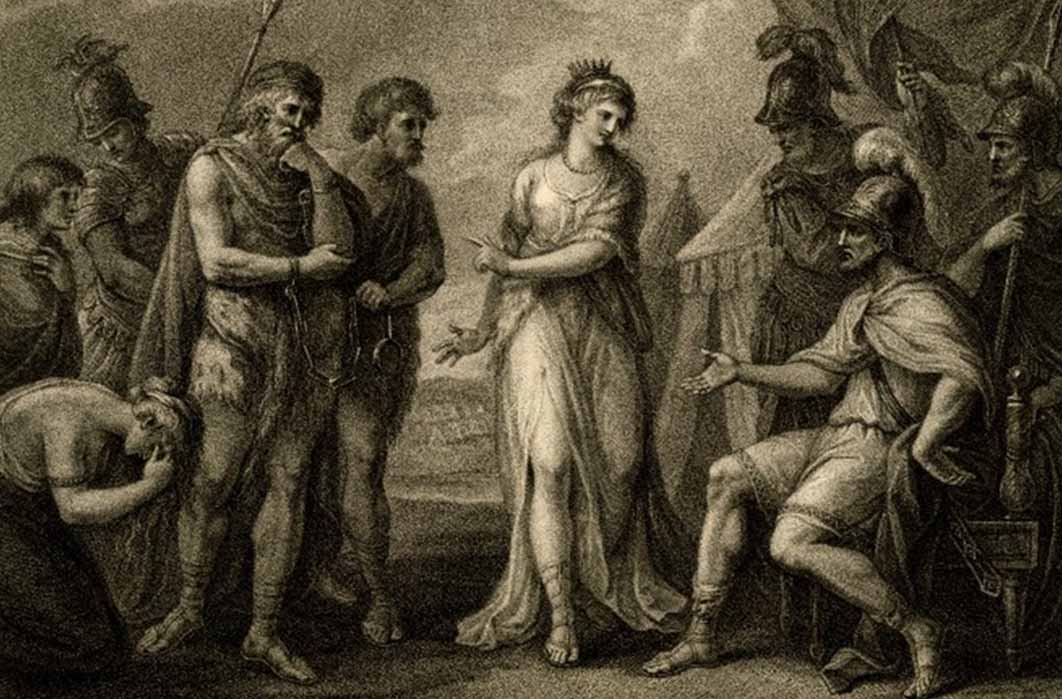 Caratacus, King of the Silures, delivered up by Cartimandua, Queen of the Brigantes to Roman General  Ostorius by Francesco Bartolozzi (Public Domain)