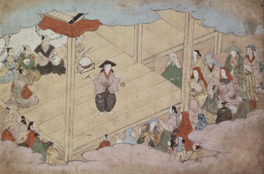 12th page of Kunijo Kabuki Ekotoba showing Izumo no Okuni, the founder of kabuki theatre, on stage. Edo Period, Keichō era (1596—1615) (Public Domain)