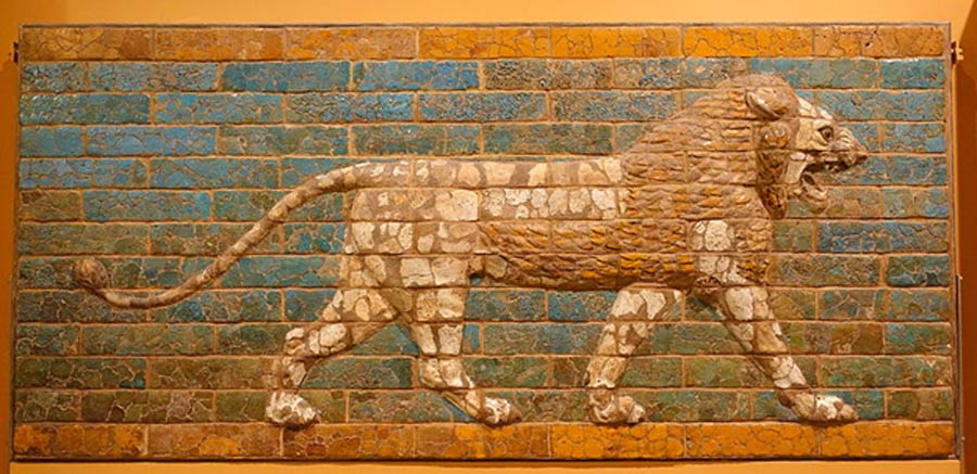 Striding Lion from Processional Way in Babylon, Neo-Babylonian Period, c. 604-562 BC, molded and glazed brick - Oriental Institute Museum, University of Chicago (Public Domain)