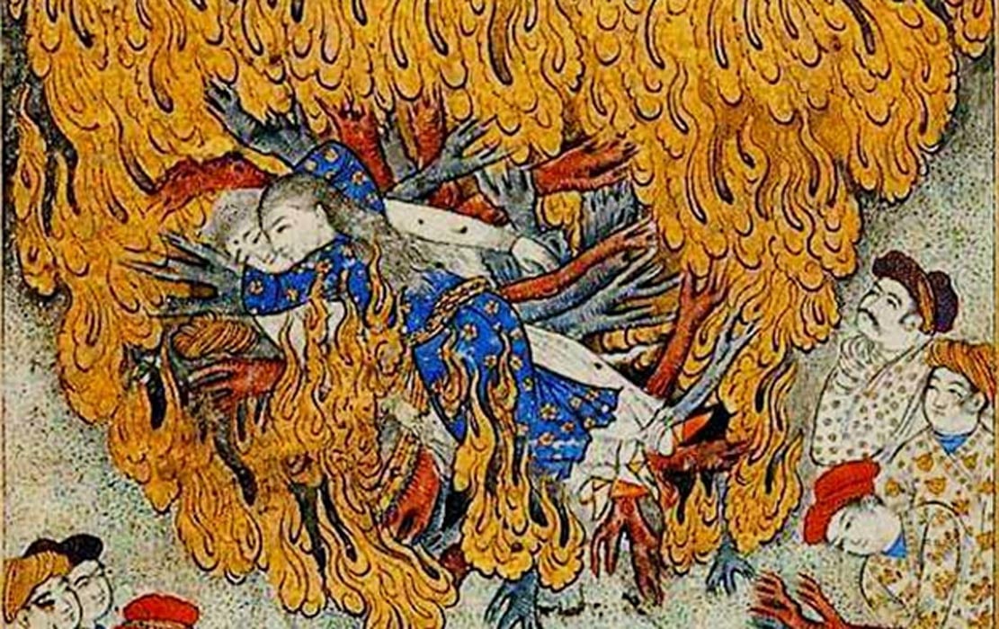 Detail of 17th century illustration of a woman committing suttee: self-immolation on her husband’s funeral pyre. 