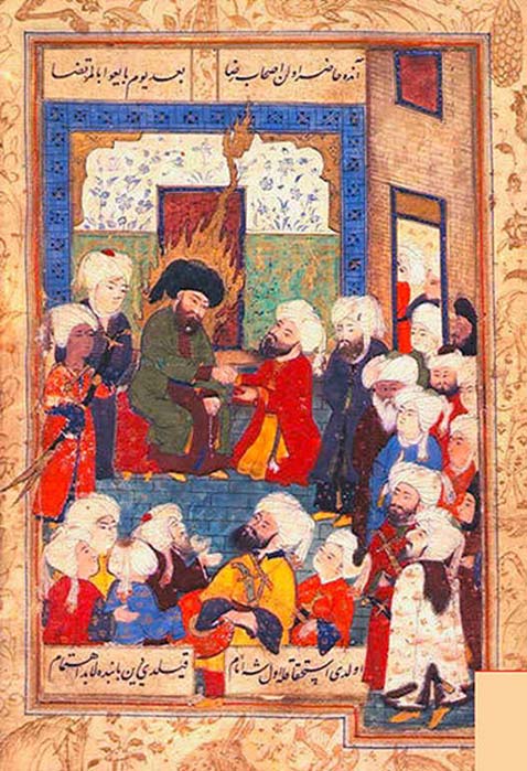 Swearing of allegiance to Ali at Kufah in the 7th century following the murder of 'Uthman, from a late-16th century Turkish manuscript on the martyrdom of Husayn (Public Domain)
