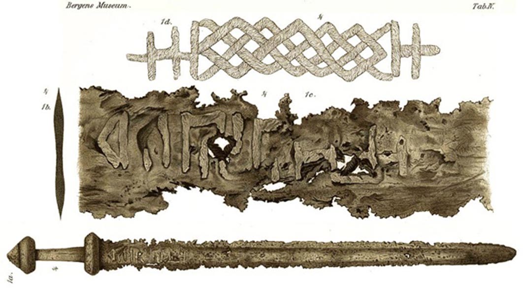 A detailed drawing of a Viking age sword from the early ninth century found at Sæbø in the west of Norway. Bergen Museum. (Public Domain)